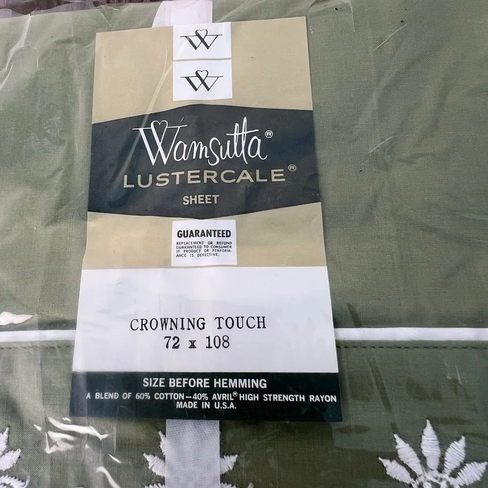 Wamsutta Lustercale Crowning Touch Green Embroidered Twin Flat Sheet Old Stock